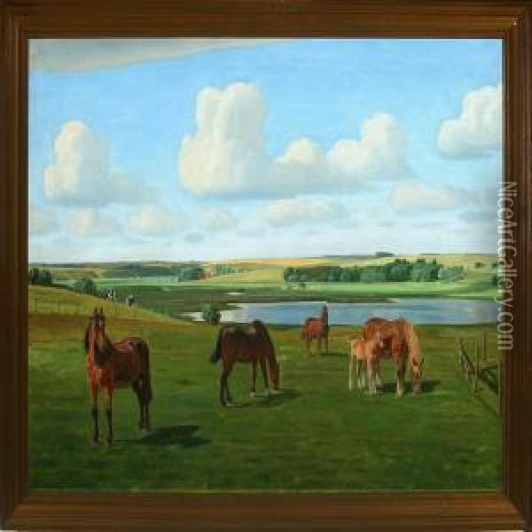 Horses On The Field Oil Painting - Rasmus Christiansen