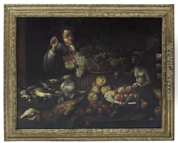 Natura Morta Con Frutta, Figura E Scimmia Oil Painting - Peter van Boeckel