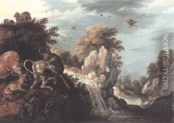 Rocky River Landscape With Two Bulls And A Fox Fighting Oil Painting - Roelandt Savery