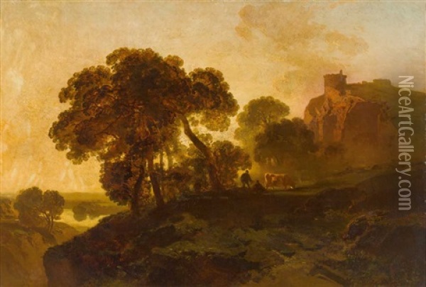 Herbstliche Fluss-/weidelandschaft Vor Burghugel, Hinterfangen Von Abendlichem Licht Oil Painting - Charles Hoguet