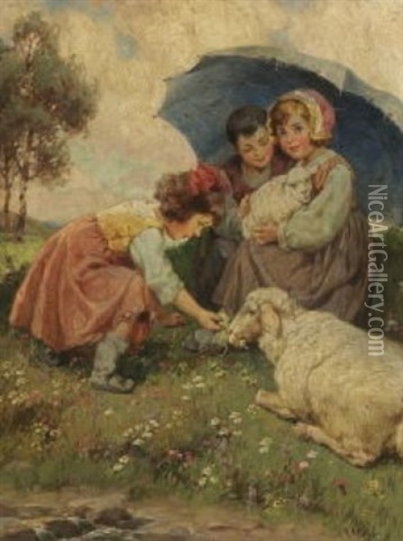 Kinder Mit Schafen Auf Der Sommerwiese Oil Painting - Rudolf Alfred Hoeger