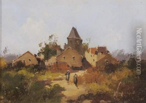 Fermieres Aux Abords D'un Village Oil Painting - Eugene Galien-Laloue