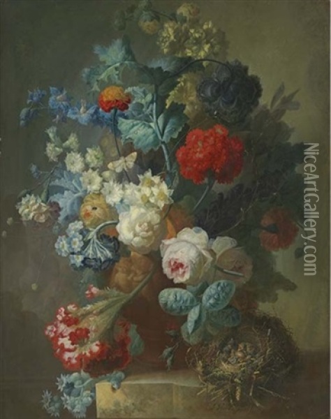 Roses, Cineria, Cockscombe, Auricula, Hops, Hollyhocks, Narcissi, Helichrysum, Geum And A Carnation In A Sculpted Vase With Chicks In A Nest On A Marble Ledge Oil Painting - Jan van Os