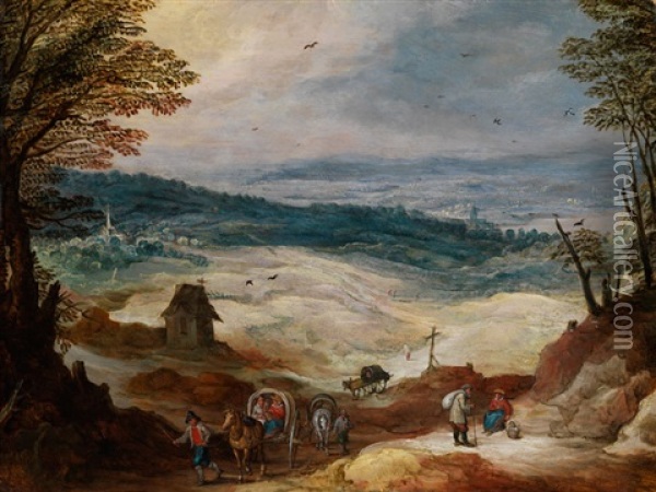 Landschaft Mit Drei Pferdekarren Und Wanderer Am Weg Oil Painting - Philips de Momper the Elder