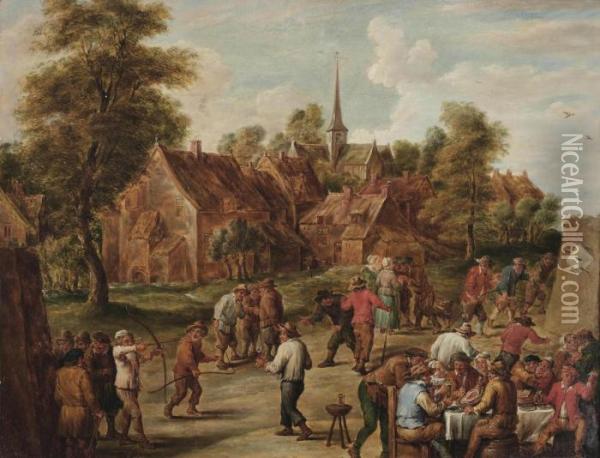 A Village Feast With With Peasants Playing A Game Of Archery Oil Painting - David The Younger Teniers