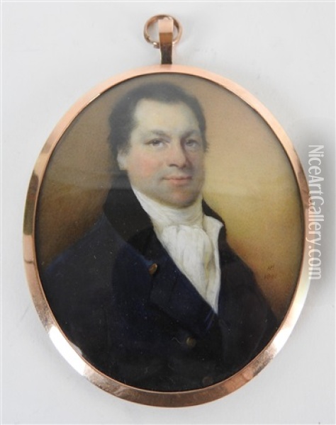A Portrait Miniature Of A Gentleman Wearing A Dark Blue Coat With A Black Collar Over A White Waistcoat Oil Painting - Horace Hone