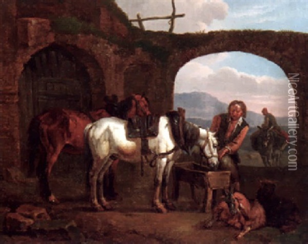 An Der Pferdetranke Oil Painting - Pieter van Bloemen