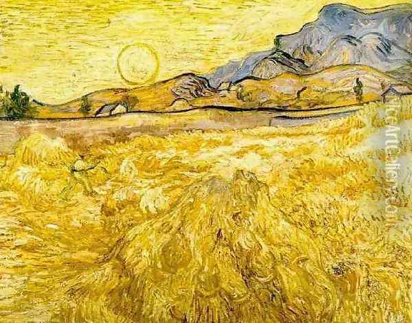 Wheat Field With Reaper And Sun Oil Painting - Vincent Van Gogh