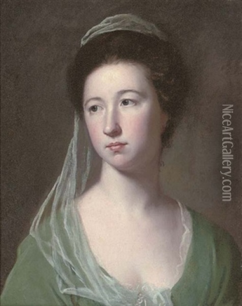 Portrait Of A Lady (lady Cicilia Halliwell ?) In A Green Dress And Pale Green Veil Oil Painting - George Romney
