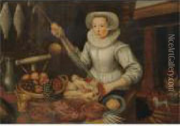 A Maid In A Kitchen Interior Oil Painting - Joachim Beuckelaer