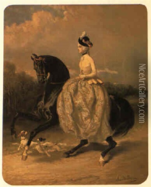 Lady Riding Side-saddle On A Horse And Spaniels In Landscape Oil Painting - Alfred De Dreux