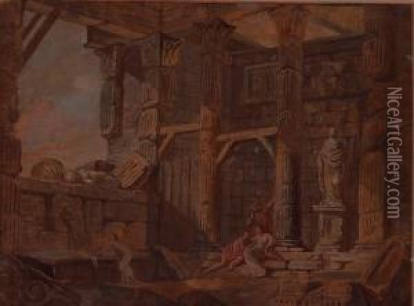 Vue Interieure Dun Cirque Romain Enruine (le Colisee ?) Oil Painting - Charles Louis Clerisseau
