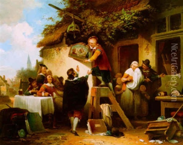 A Town Scene With Figures By An Inn - The Dismantling Of The Jan Steen Tavern Oil Painting - Aime Pez