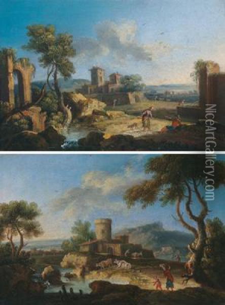 Paesaggio Fluviale Montano Con 
Una Torre Rotonda E Figure; Paesaggio Fluviale Con Rovine E Figure Oil Painting - Giuseppe Zais