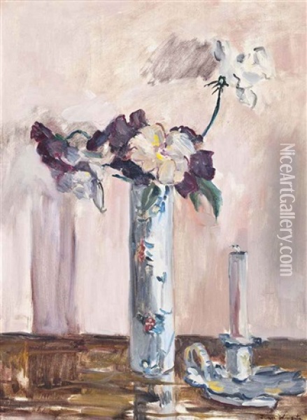 Sweet Peas In A Vase, With A Candlestick Oil Painting - Sir James Lawton Wingate