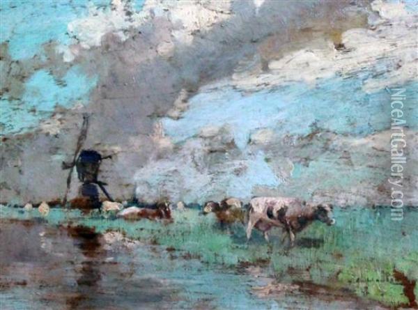 Cattle Beside A Stream Oil Painting - Archibald Kay