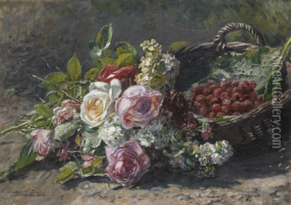 Blumenstillleben Mit Rosen Und Einem Weidenkorb Mit Himbeeren Oil Painting - Anna Peters