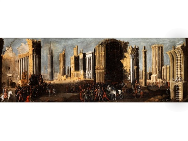 Ruinen Mit Figuren Und Dem Martyrium Des Heiligen Petrus Im Hintergrund Oil Painting - Francois de Nome