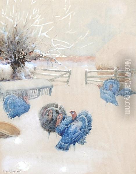 A Winter Snow Scene With Turkeys Oil Painting - Arthur Claude Strachan