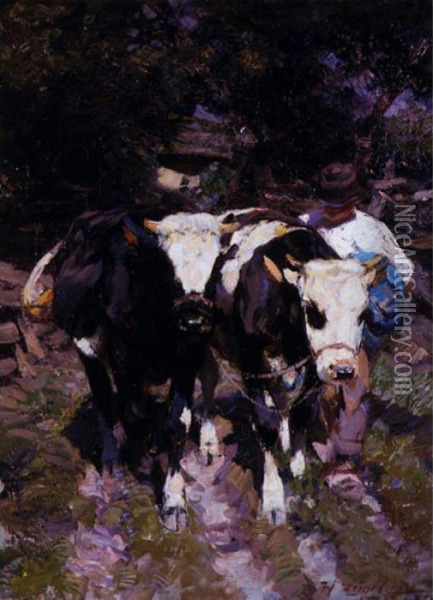 Two Harnessed Calves Oil Painting - Heinrich Johann Von Zugel