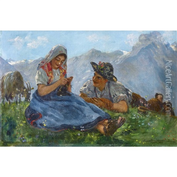 Auf Lichter Alpwiese Oil Painting - Ernst Breitenstein
