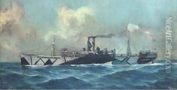The Booth Line's Anselm in dazzle camouflage during the Second World War Oil Painting - English School