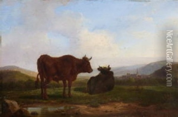 Rinder Am Wasser In Hugeliger Landschaft. Im Hintergrund Ein Dorf Oil Painting - Friedrich Karl Joseph Simmler