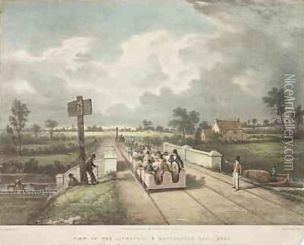View of the Liverpool and Manchester Rail Road at the Point Where it Crosses the Duke of Bridgewaters Canal Oil Painting - Nicholson, F.