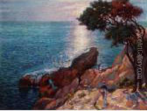 Fishing On A Rocky Outcrop At Sunset Oil Painting - Alfred Jean Foretay