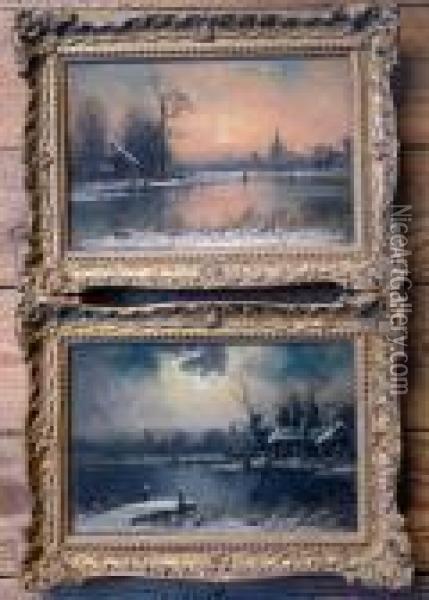 Winter Lake Scenes By Moonlight And At Sunset Oil Painting - Nils Hans Christiansen