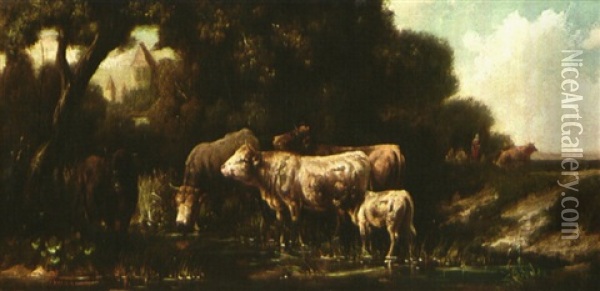 Kuhe An Einer Tranke Oil Painting - Louis (Ludwig) Reinhardt