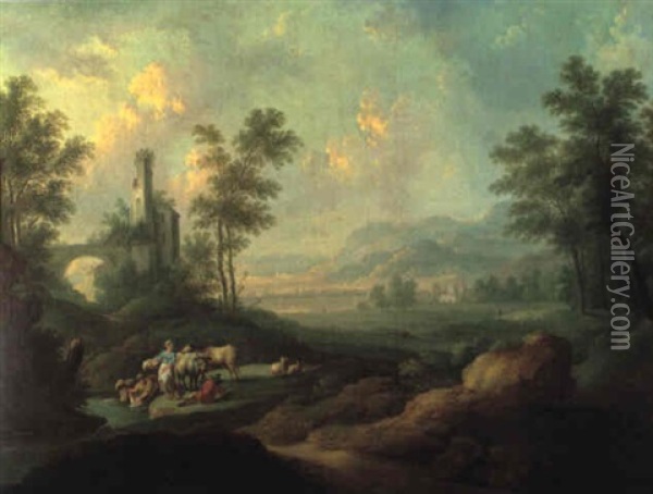 Landschaft Mit Einer Ruine Und W,scherinnen An Einem Bach Oil Painting - Christoph Von Bemmel
