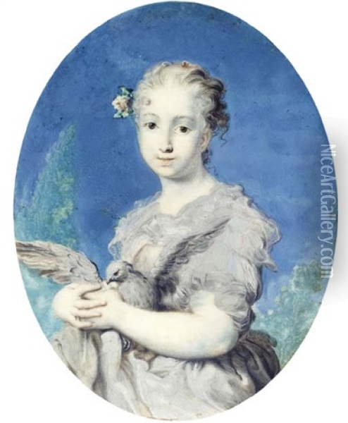 Self Portrait As Innocence, Holding A Dove In Her Arms, Grey Dress With Red Lined Grey Stole, White Flower And Foliage In Her Swept Back, Fair, Curling Hair Oil Painting - Rosalba Carriera