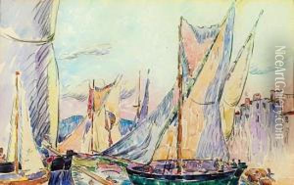 Tartanes Dans Le Port De Saint-tropez, Circa 1912 Oil Painting - Henri Person