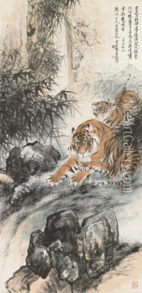 Two Tigers Oil Painting - Zhang Shanzi