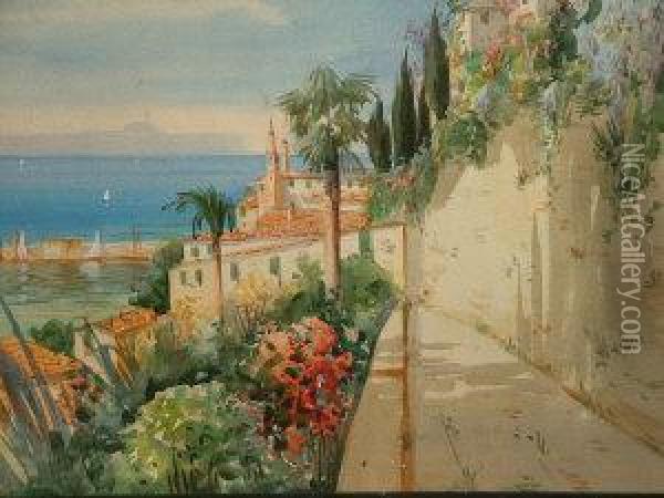 Mediterranean Coastal View With A Town In The Distance Oil Painting - Gianni