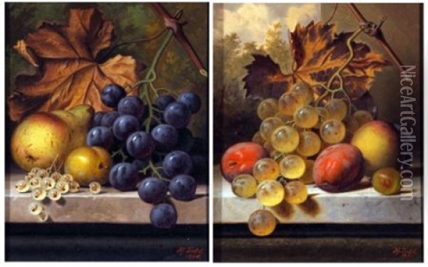 Still Life Studies Of Mixed Fruit On A Marble Ledge (pair) Oil Painting - Henry George Todd