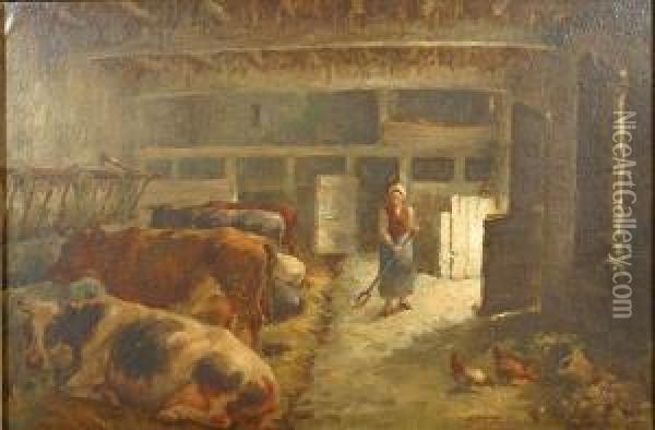 Boerin En Vee In De Stal. Oil Painting - Jan Baptiste, Jan Stobbaerts