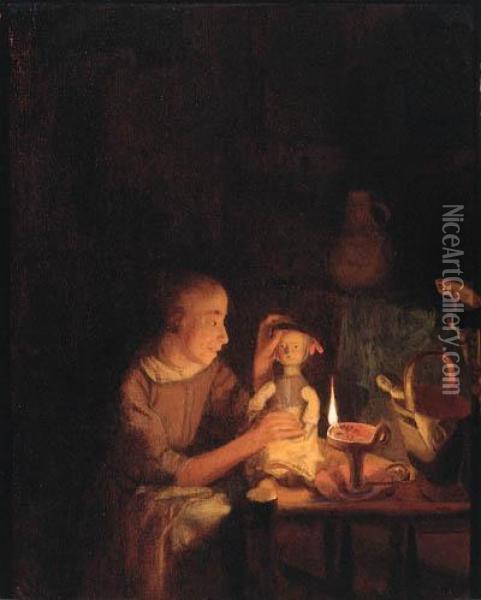A Young Girl Playing With Her Doll At A Table, In An Interior Bycandlelight Oil Painting - Godfried Schalcken