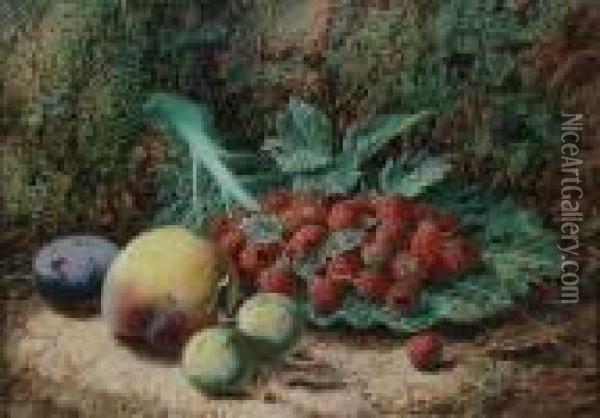 Raspberries On A Cabbage Leaf, 
Greengages, A Plum And A Peach Against A Mossy Bank; Black Grapes, 
Apples, Gooseberries And Strawberries Against A Mossy Bank Both 'oliver
 Clare' Oil Painting - Oliver Clare