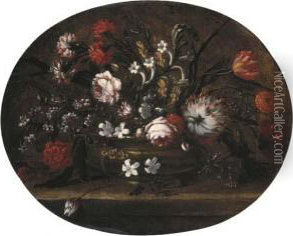 Roses, Tulips, Carnations And Other Flowers In A Bronze Vase On Aledge Oil Painting - Andrea Belvedere