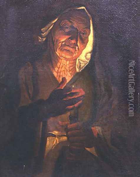 An old woman holding a candle Oil Painting - (follower of) Stomer, Matthias