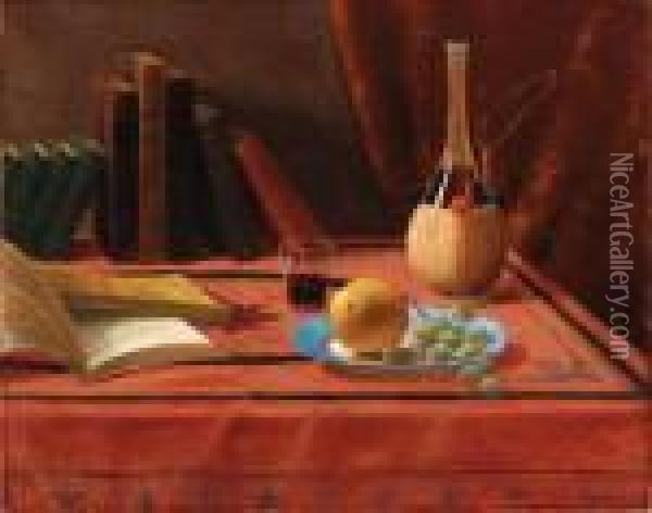 Still Life With Carafe, Books And Fruit Oil Painting - Nicholas Alden Brooks