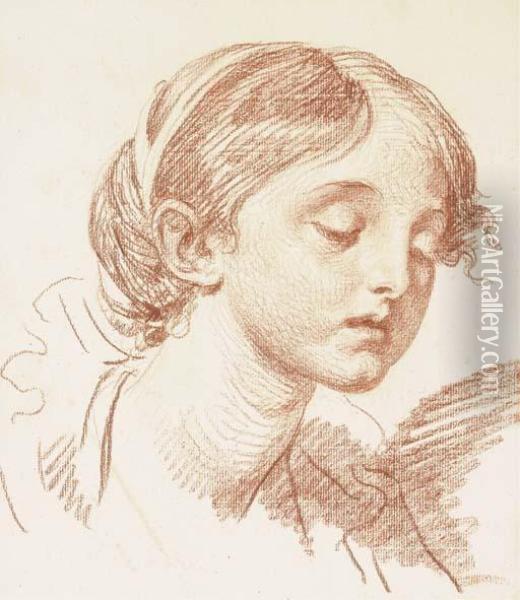 Head Of A Girl Looking Down, In Three-quarter Profile To Theright Oil Painting - Jean Baptiste Greuze