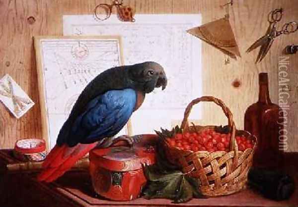 Trompe Loeil with Still Life of Strawberries and a Parrot Oil Painting - Sebastiano Lazzari