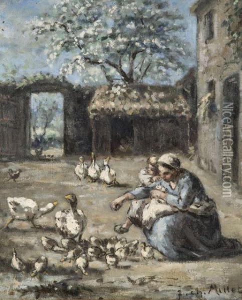 Fermiere Et Son Enfant Devant Des Oies Oil Painting - Jean-Charles Millet