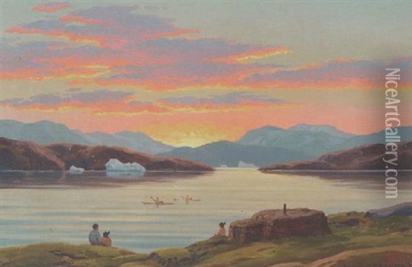 Kystparti Med Gronlaendere, Der Ser Ud Over Fjorden Ved Solnedgangstide Oil Painting - Emanuel A. Petersen