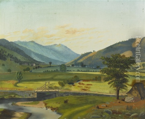 Landscape With Blue Hills In The Distance And A Small Bridge And Shed In The Foreground Oil Painting - James Hope