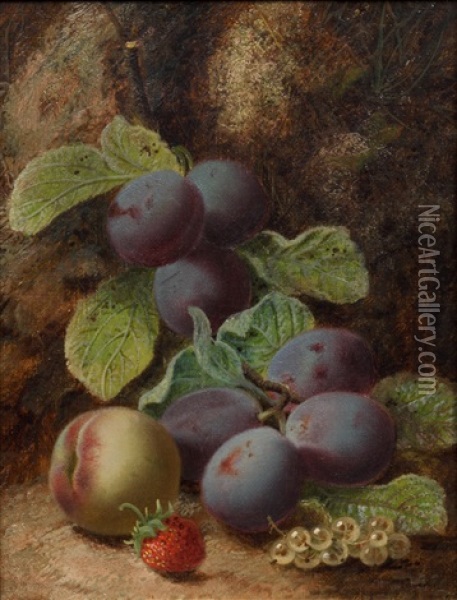 Still Life Of Grapes And Plums On A Mossy Bank; And Companion (pair) Oil Painting - Oliver Clare