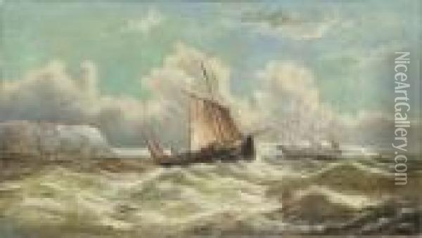 A Fishing Vessel And A Three-master Off The South Foreland Oil Painting - William Henry Midwood